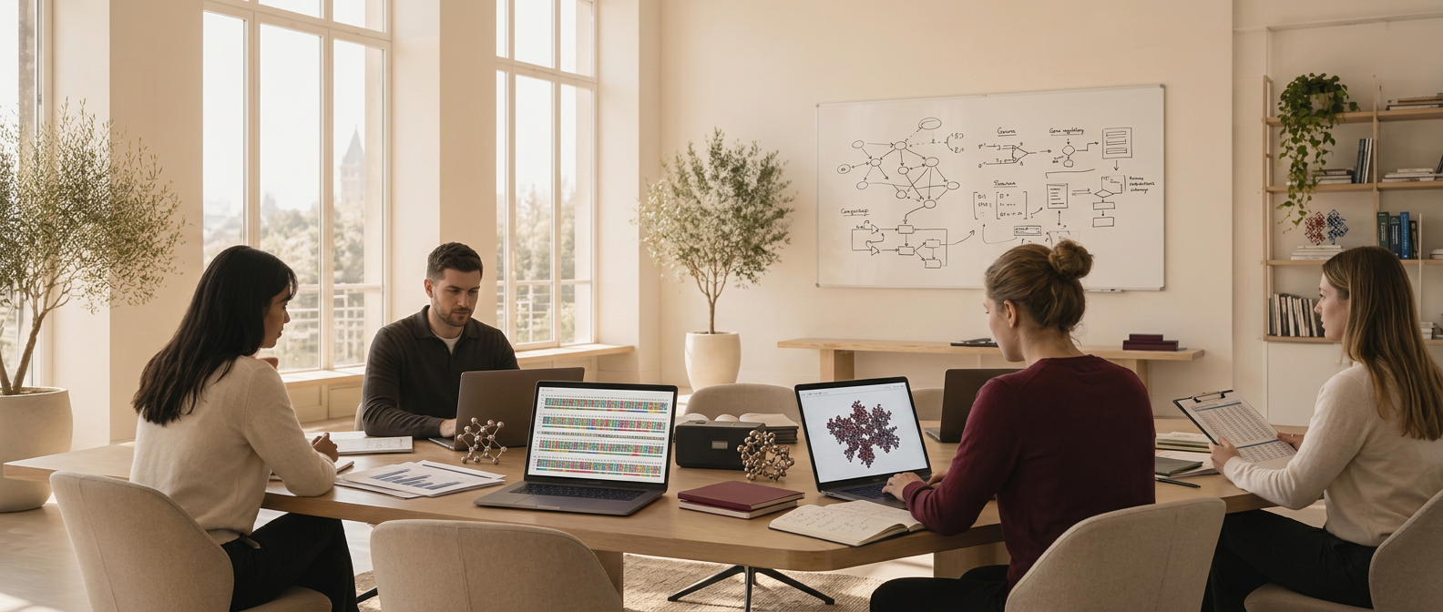 Bioinformatics team reviewing molecular networks and machine learning models