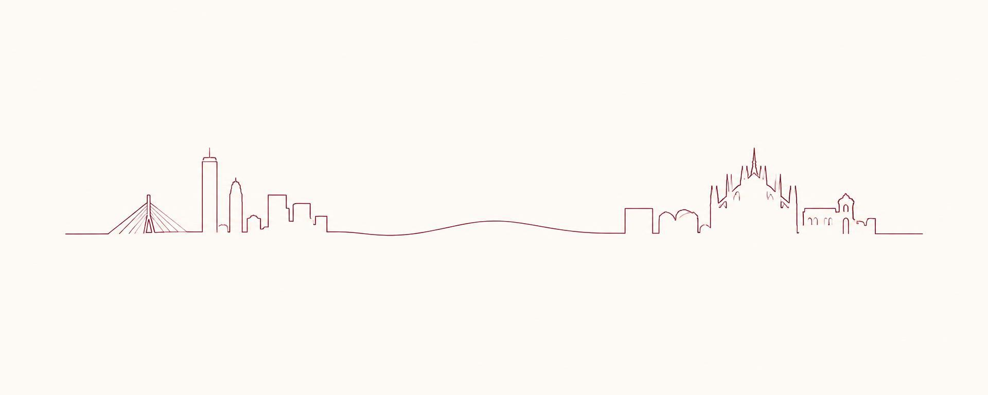 Minimal line illustration of the Milan and Boston skylines connected by a thin bordeaux line