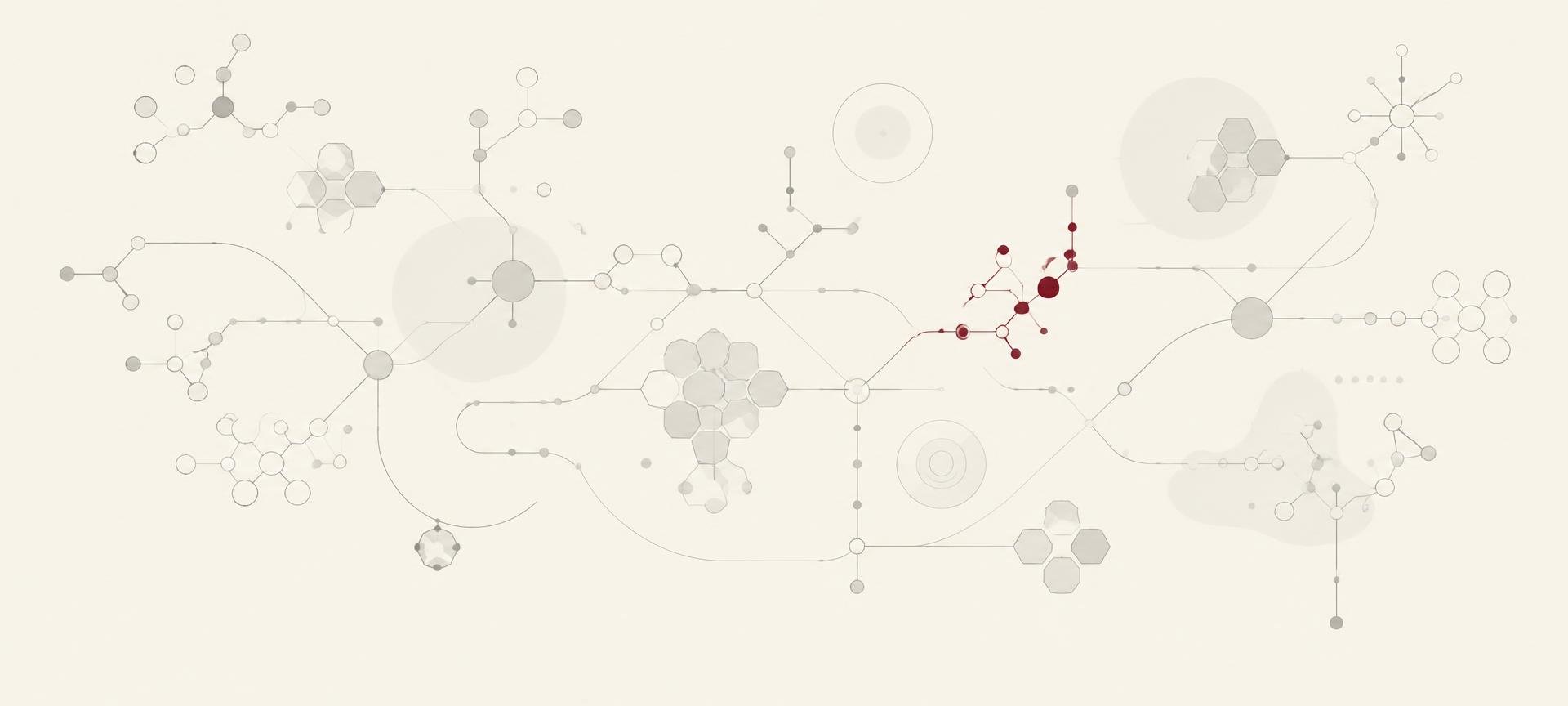 Abstract line-art illustration of gene pathways and molecular networks on a cream background, with a small cluster accented in bordeaux